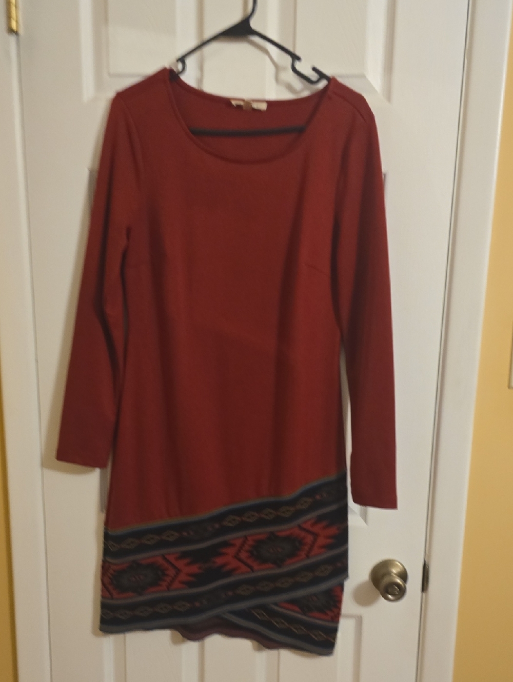 Rust Red Long Sleeve Knit Dress with Patterned Hem